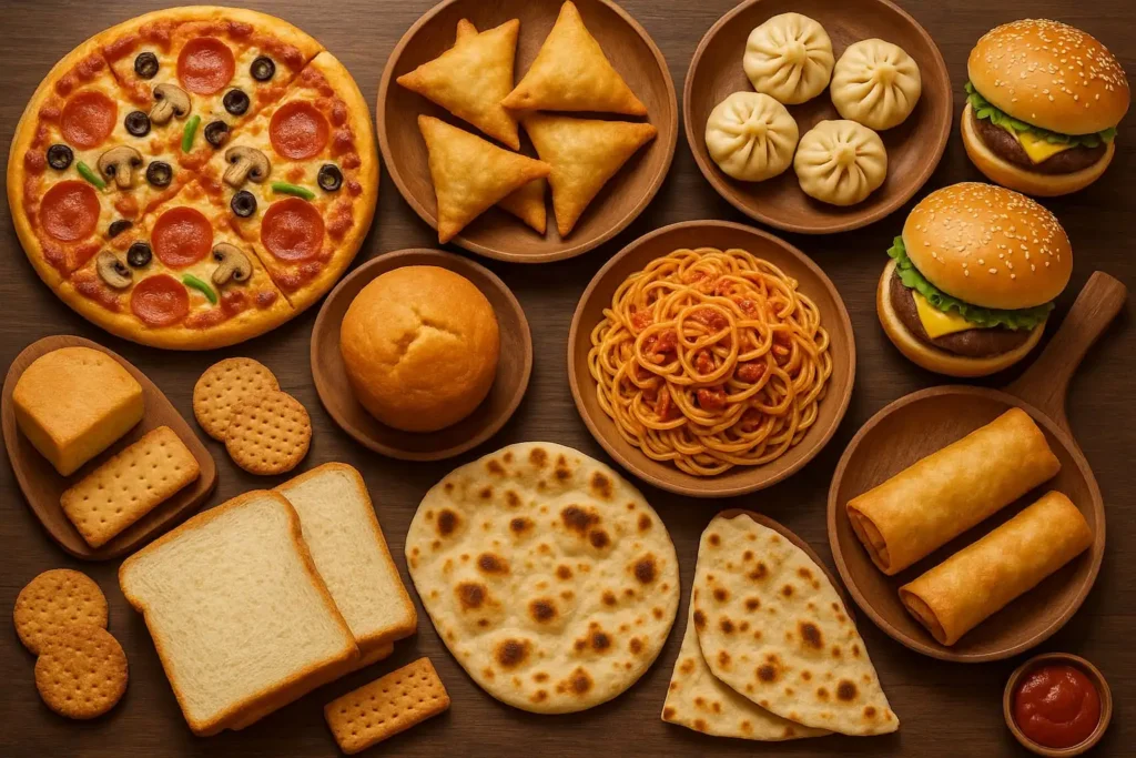 Pizzas, samosas, momos, burgers, pasta, egg rolls, naan, white bread, biscuits, cakes, bakery items, even so-called brown bread, etc. made from Maida