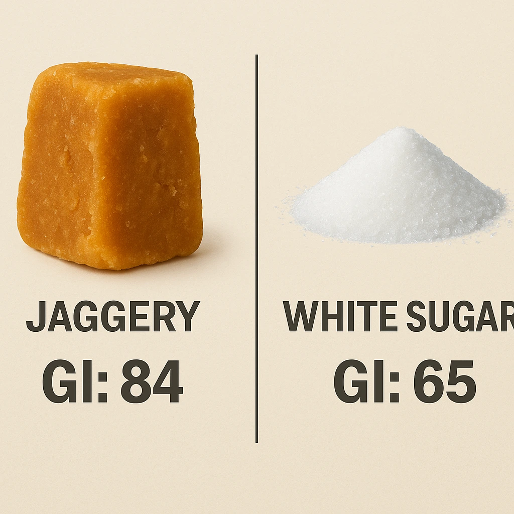 Compare Glycemic Index (GI) between sugar & jaggery